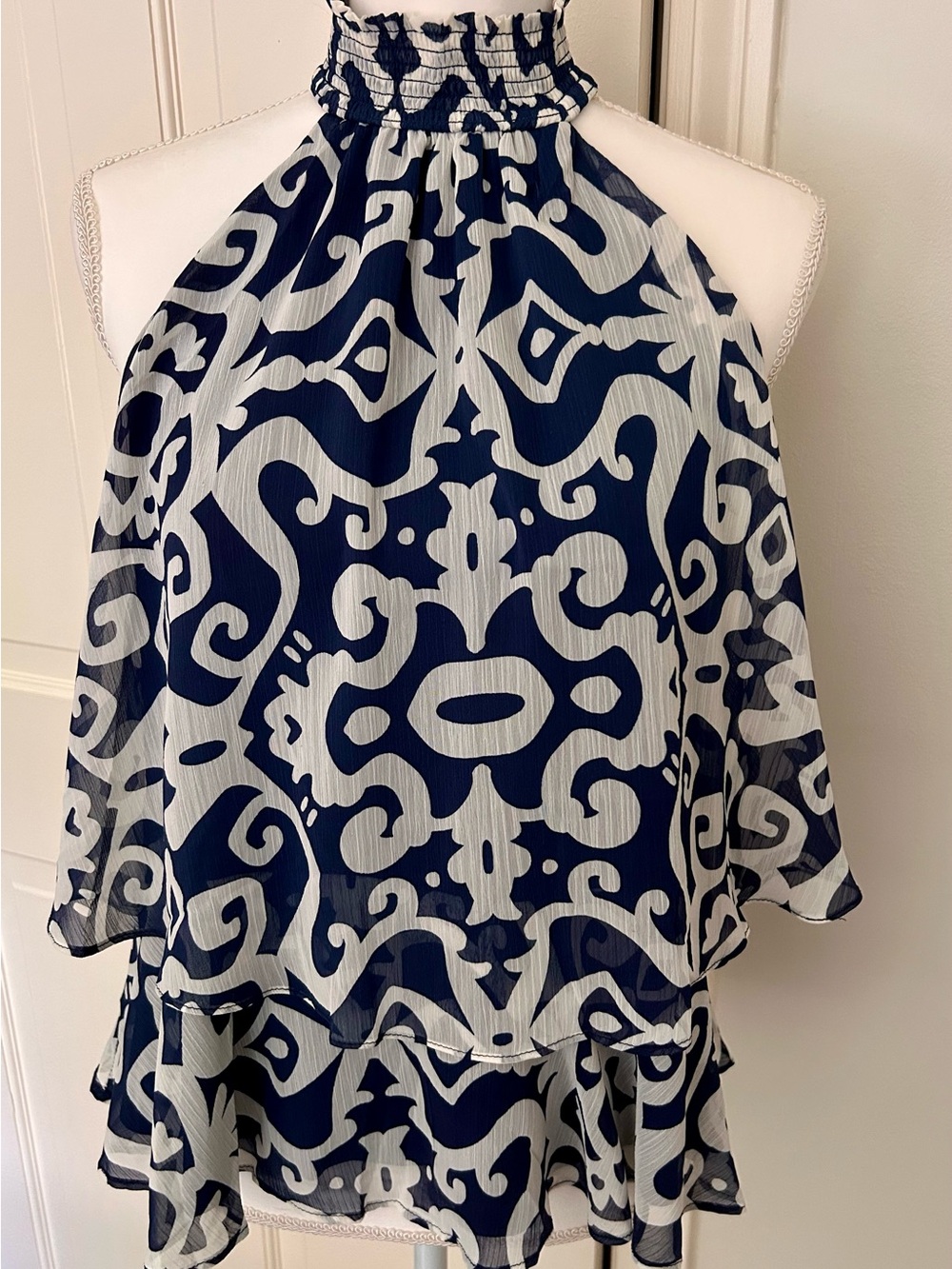 Navy & Gray Halter Neck Printed Blouse
